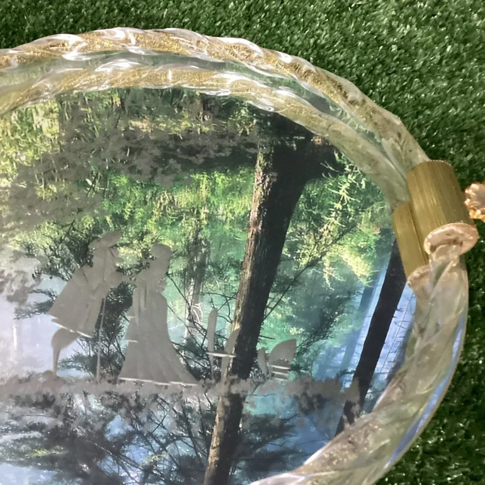Vintage Murano Glass Serving Tray Etched Mirror 24kt Gold Flecks